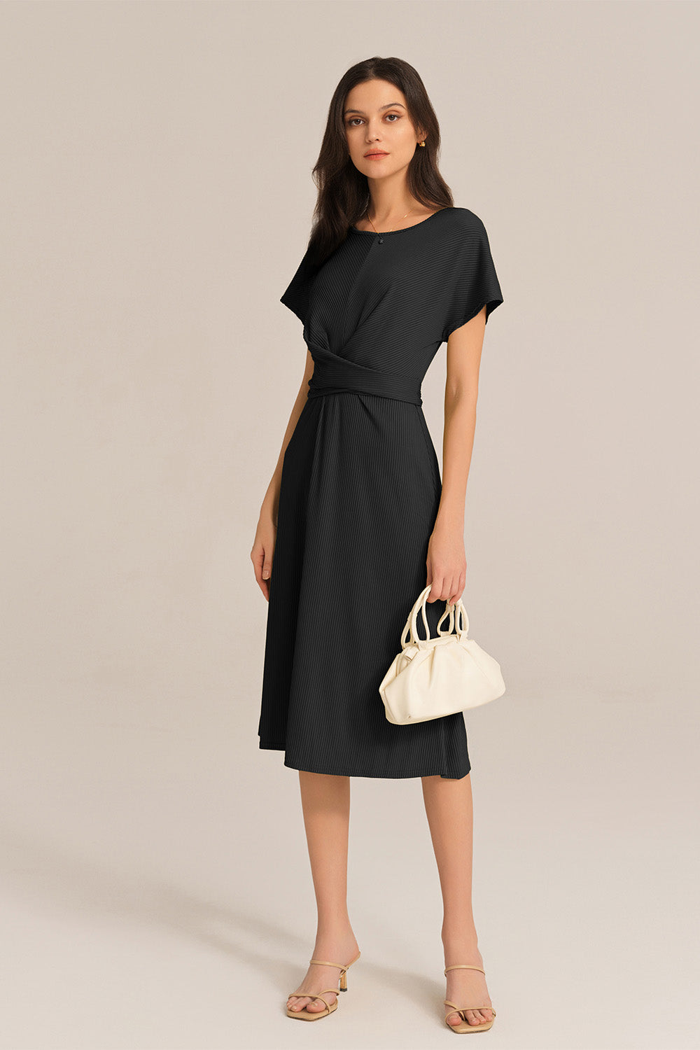 Short Sleeve Round Neck Belted A-Line Dress - Black