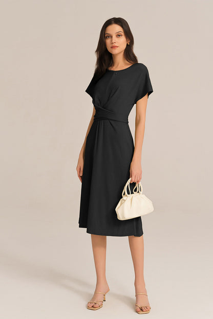 Short Sleeve Round Neck Belted A-Line Dress - Black