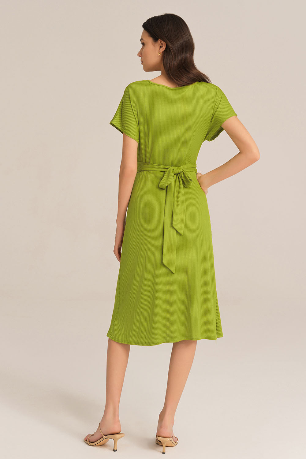 Short Sleeve Round Neck Belted A-Line Dress - Green