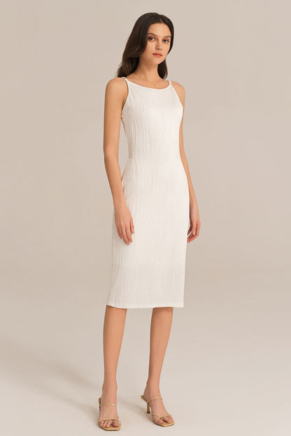 Textured Spaghetti Straps Crew Neck Bodycon Party Dress - White