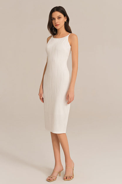 Textured Spaghetti Straps Crew Neck Bodycon Party Dress - White