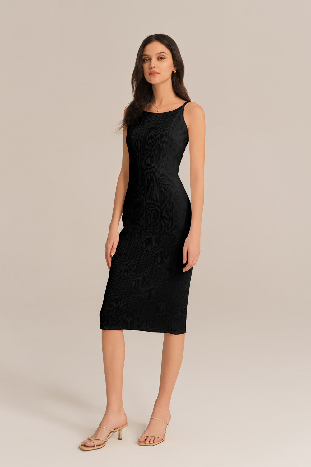 Textured Spaghetti Straps Crew Neck Bodycon Party Dress - Black