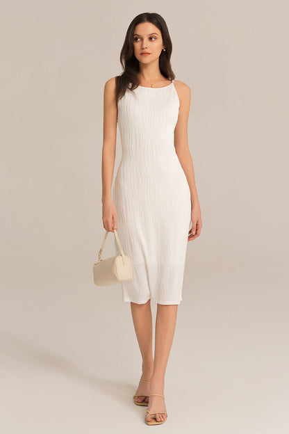 Textured Spaghetti Straps Crew Neck Bodycon Party Dress - White