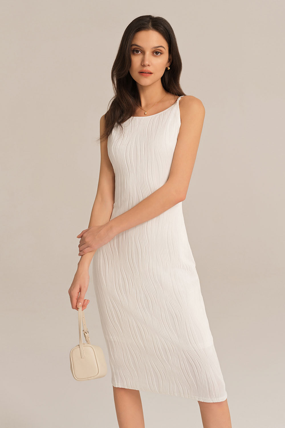 Textured Spaghetti Straps Crew Neck Bodycon Party Dress - White