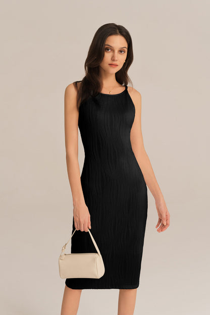 Textured Spaghetti Straps Crew Neck Bodycon Party Dress - Black