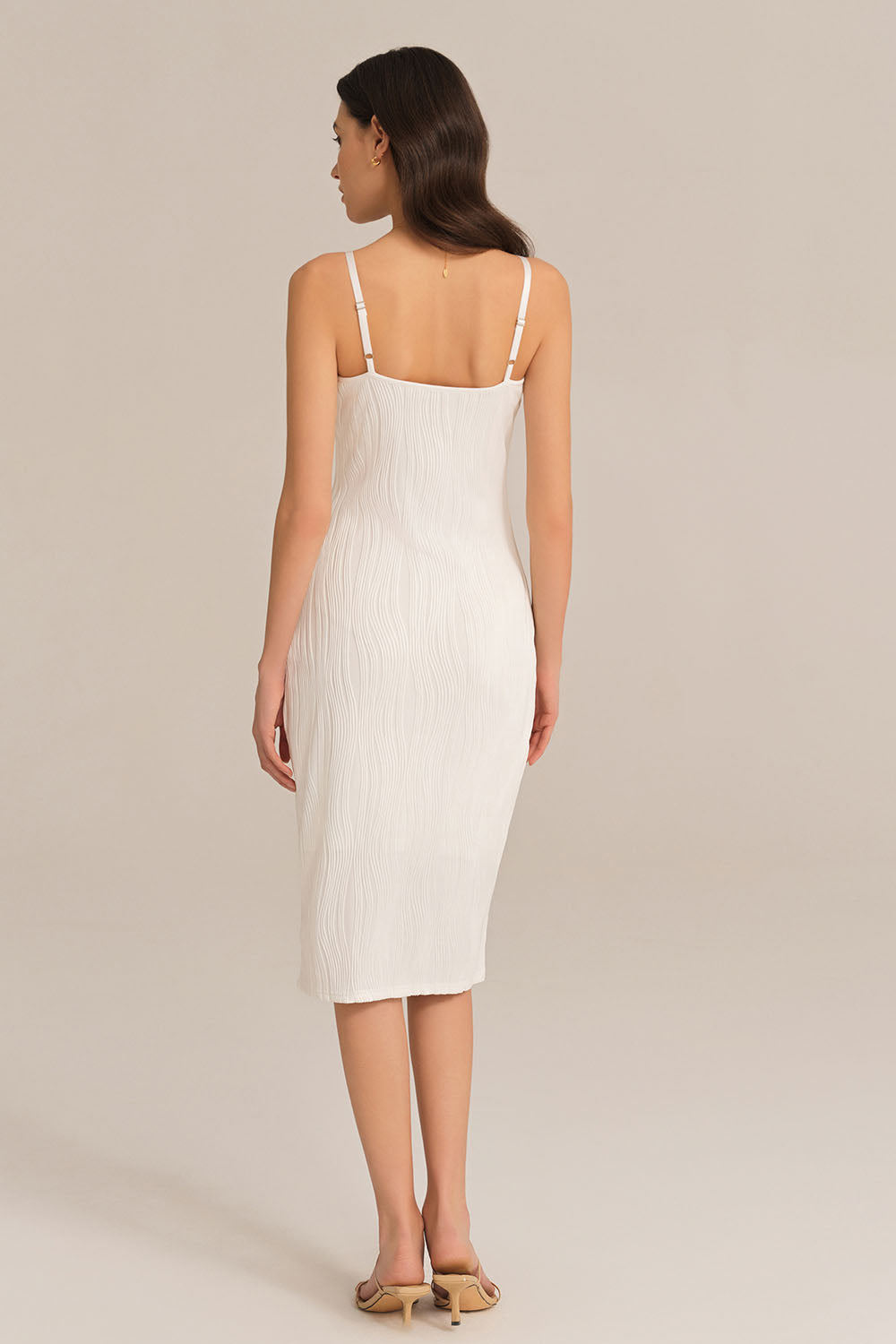 Textured Spaghetti Straps Crew Neck Bodycon Party Dress - White