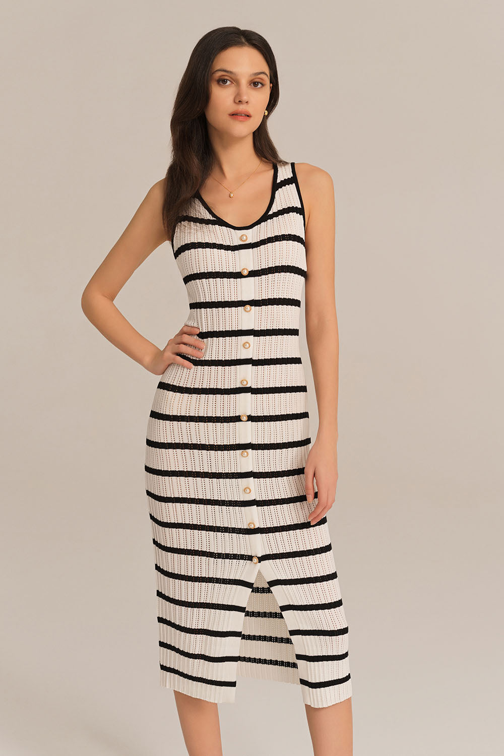 Hollowed-out Sleeveless U-Neck Front Slit Knitted Dress - White