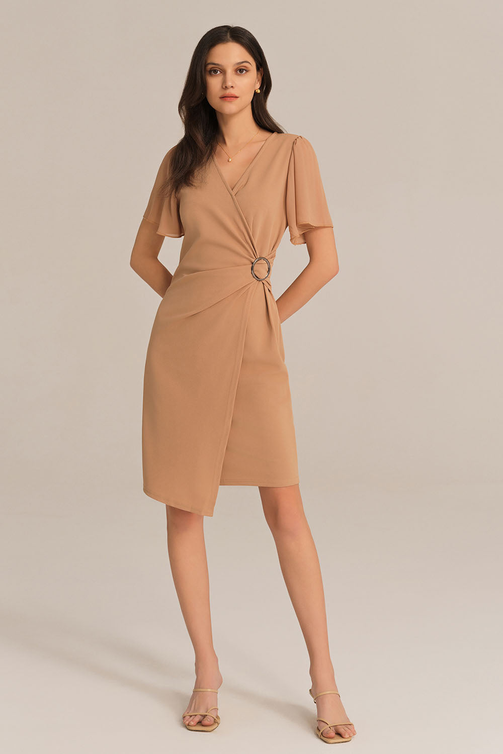 V-Neck OL Short Sleeve Ruched Chiffon Waist-Cinching Dress - Brown