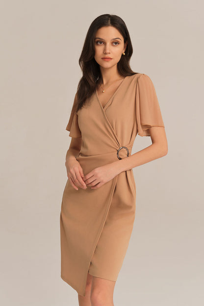 V-Neck OL Short Sleeve Ruched Chiffon Waist-Cinching Dress - Brown