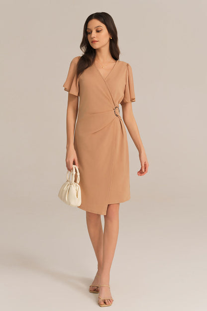 V-Neck OL Short Sleeve Ruched Chiffon Waist-Cinching Dress - Brown