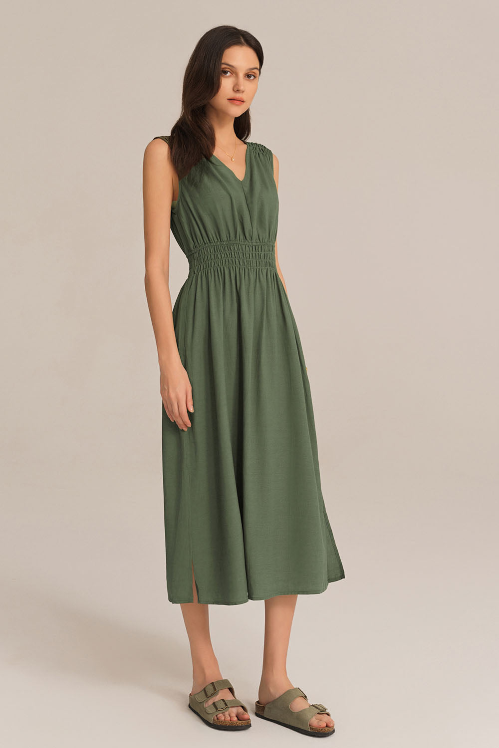 V-Neck Sleeveless Side Slit Elastic Waist A-Line Midi Dress - Green