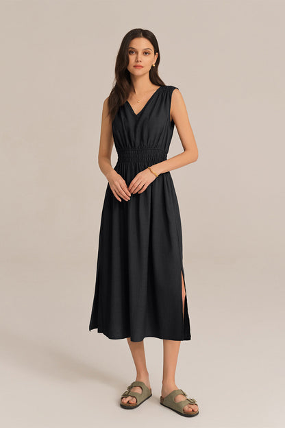 Vestido midi de corte A con escote en V, sin mangas, abertura lateral y cintura elástica - Negro