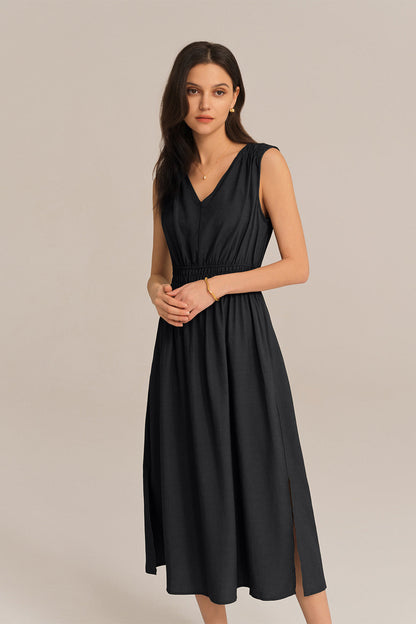 V-Neck Sleeveless Side Slit Elastic Waist A-Line Midi Dress - Black