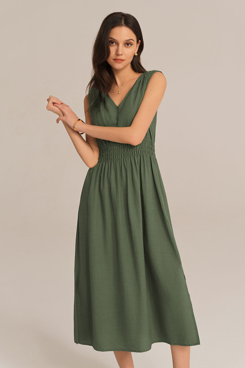 V-Neck Sleeveless Side Slit Elastic Waist A-Line Midi Dress - Green