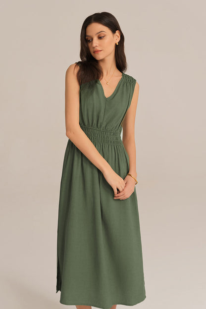 V-Neck Sleeveless Side Slit Elastic Waist A-Line Midi Dress - Green