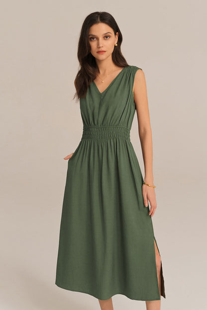 V-Neck Sleeveless Side Slit Elastic Waist A-Line Midi Dress - Green