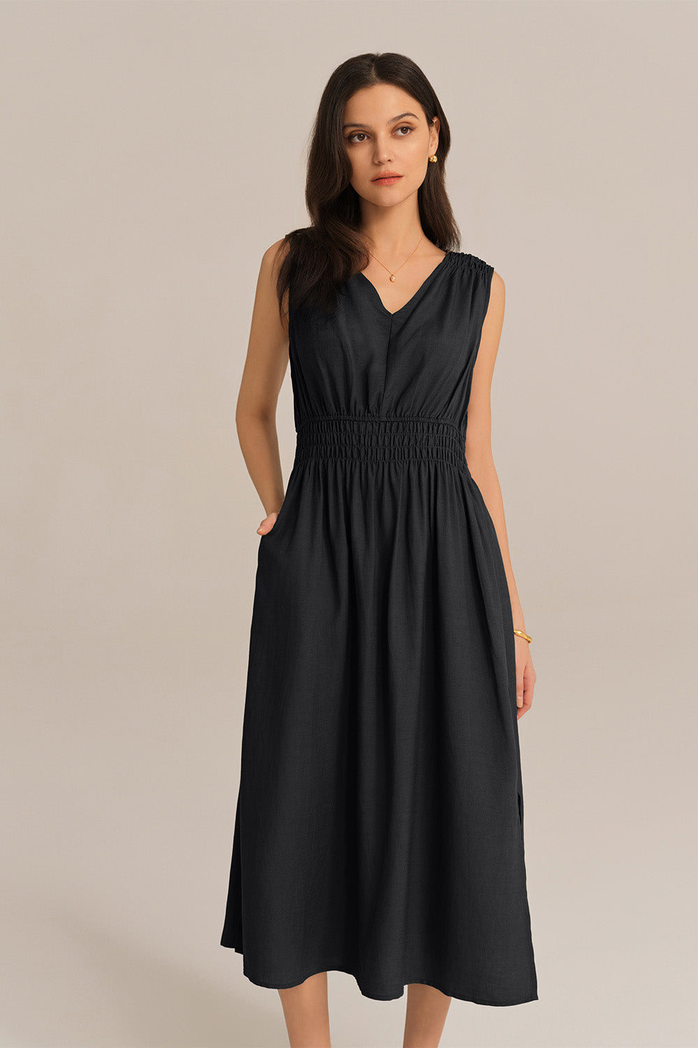 V-Neck Sleeveless Side Slit Elastic Waist A-Line Midi Dress - Black