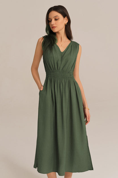 V-Neck Sleeveless Side Slit Elastic Waist A-Line Midi Dress - Green