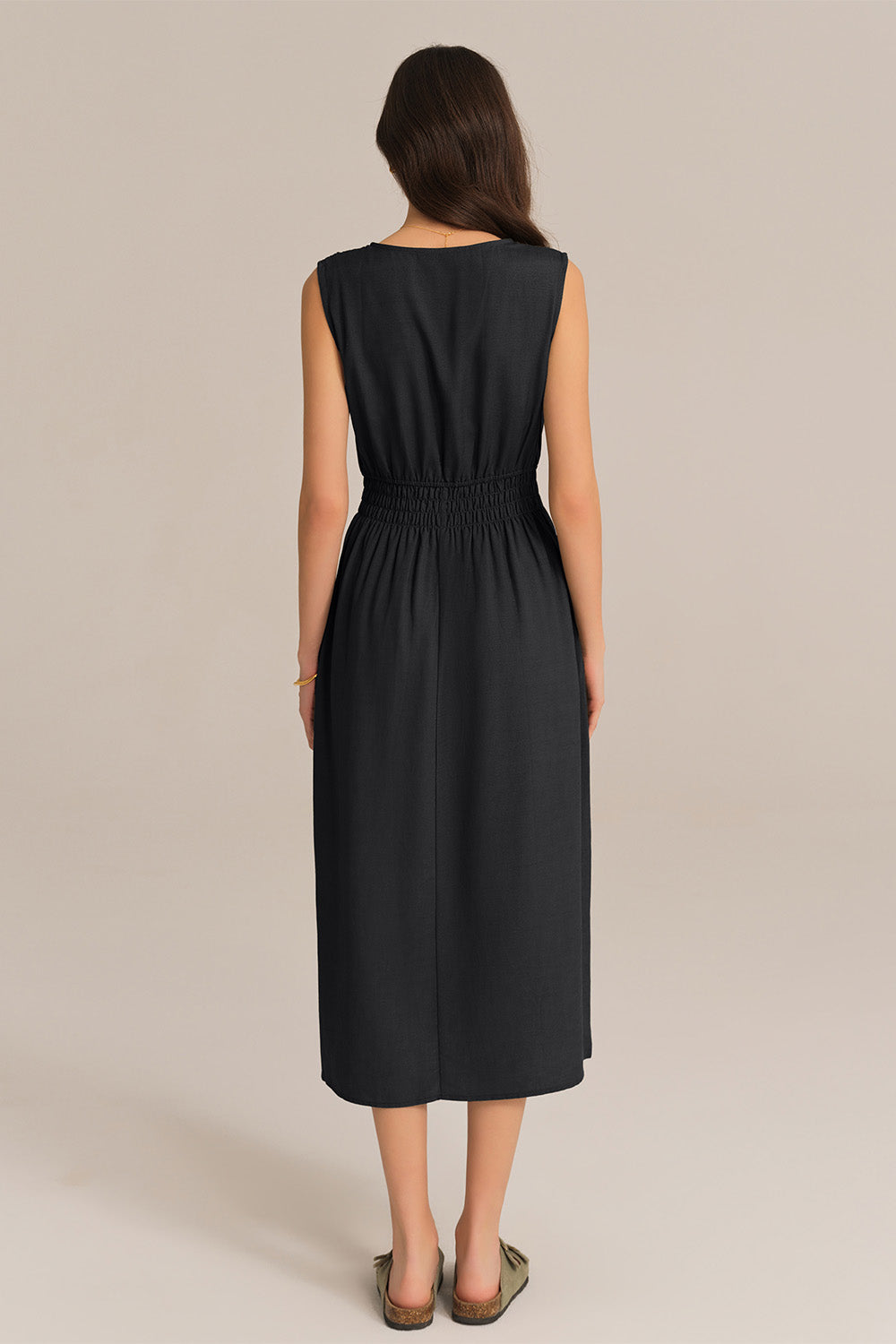 V-Neck Sleeveless Side Slit Elastic Waist A-Line Midi Dress - Black