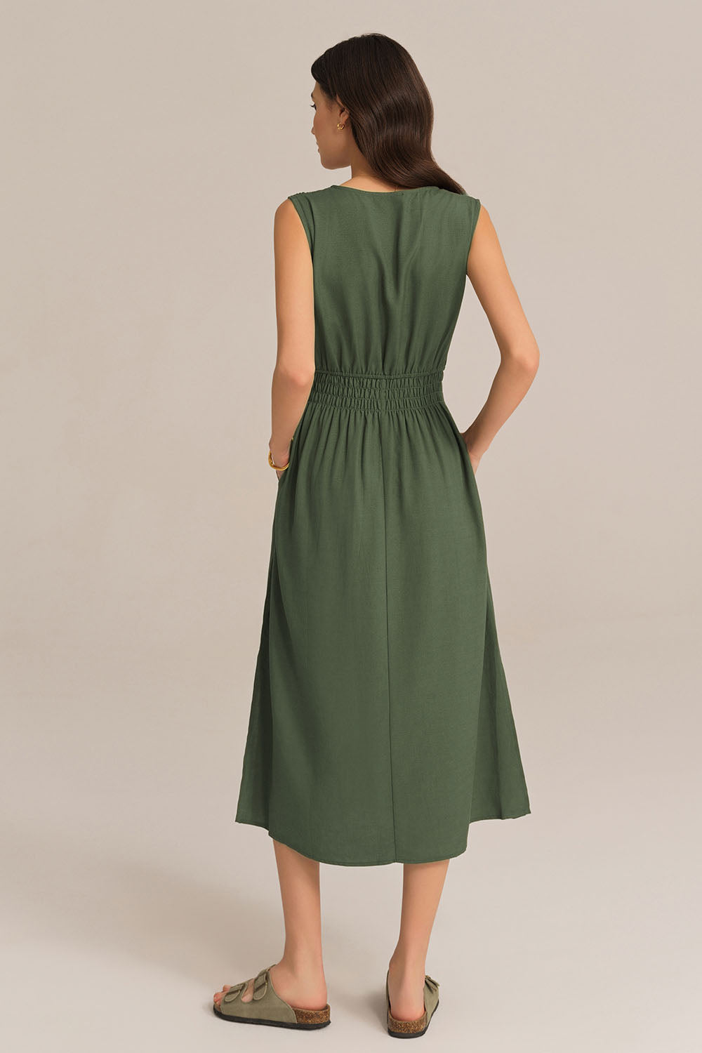 V-Neck Sleeveless Side Slit Elastic Waist A-Line Midi Dress - Green