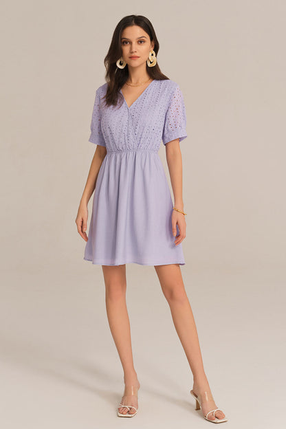 Contrast 1/2 Sleeve V-Neck Elastic Waist A-Line Dress - Purple