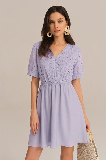 Contrast 1/2 Sleeve V-Neck Elastic Waist A-Line Dress - Purple