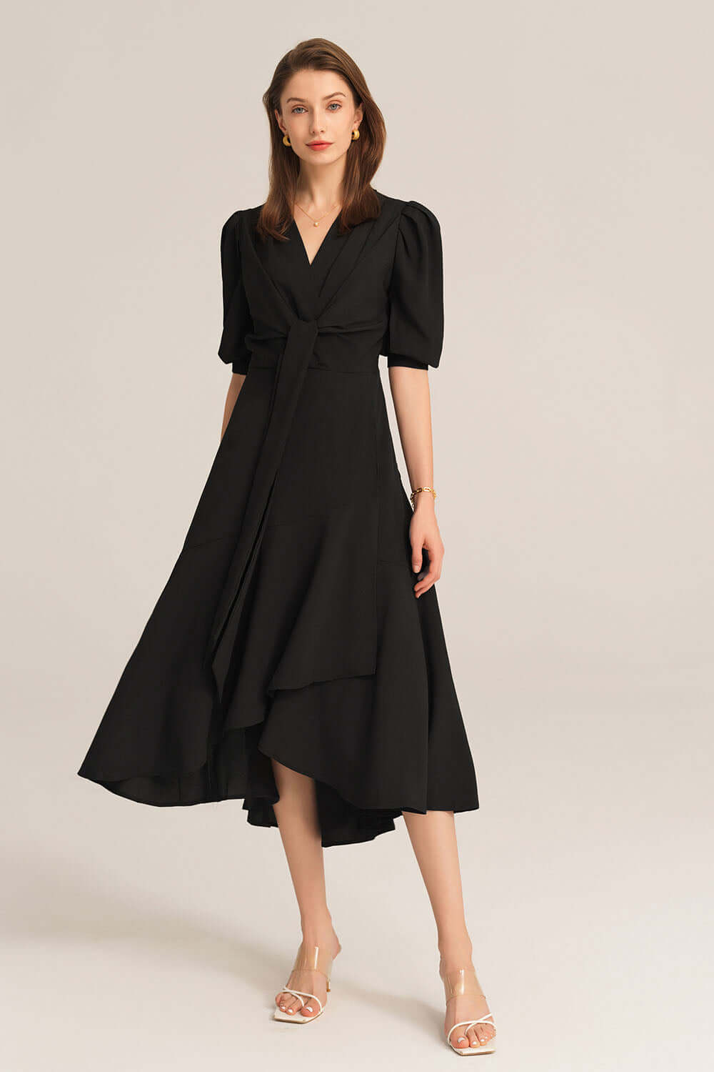 Bow-Knot Wrap Hem V-Neck 3/4 Sleeve Midi Dress - Black