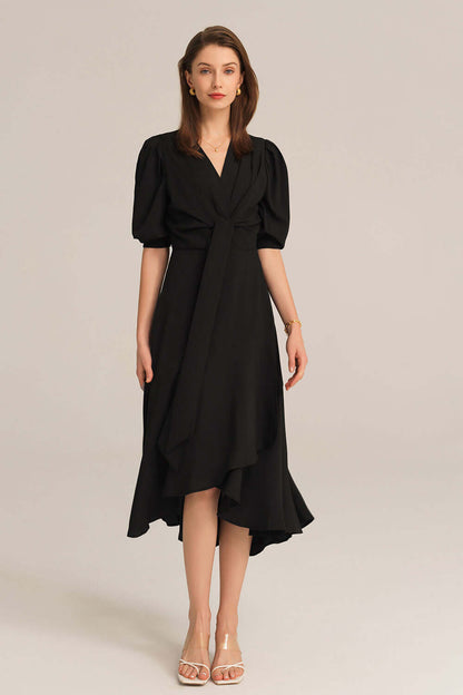 Bow-Knot Wrap Hem V-Neck 3/4 Sleeve Midi Dress - Black