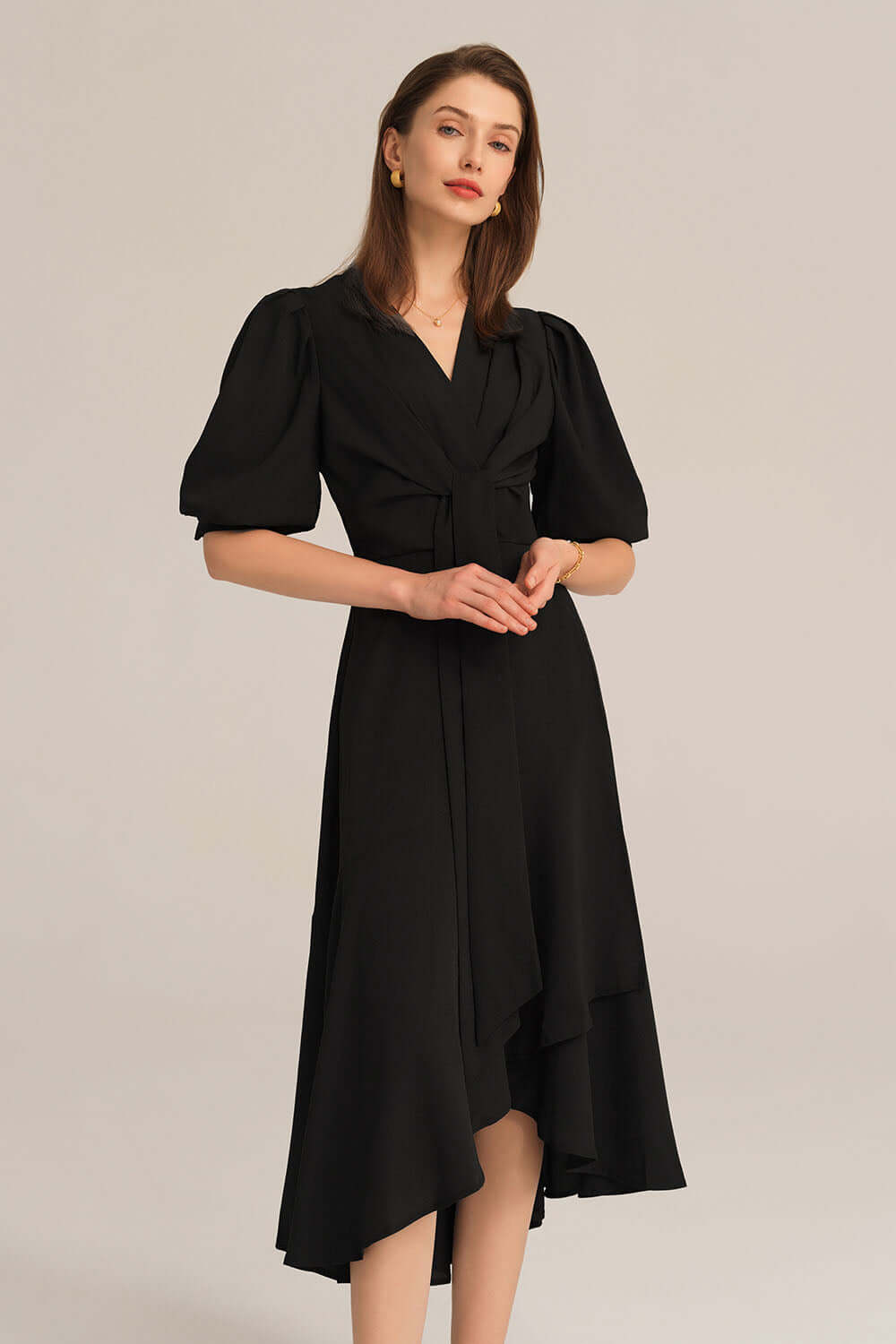 Bow-Knot Wrap Hem V-Neck 3/4 Sleeve Midi Dress - Black