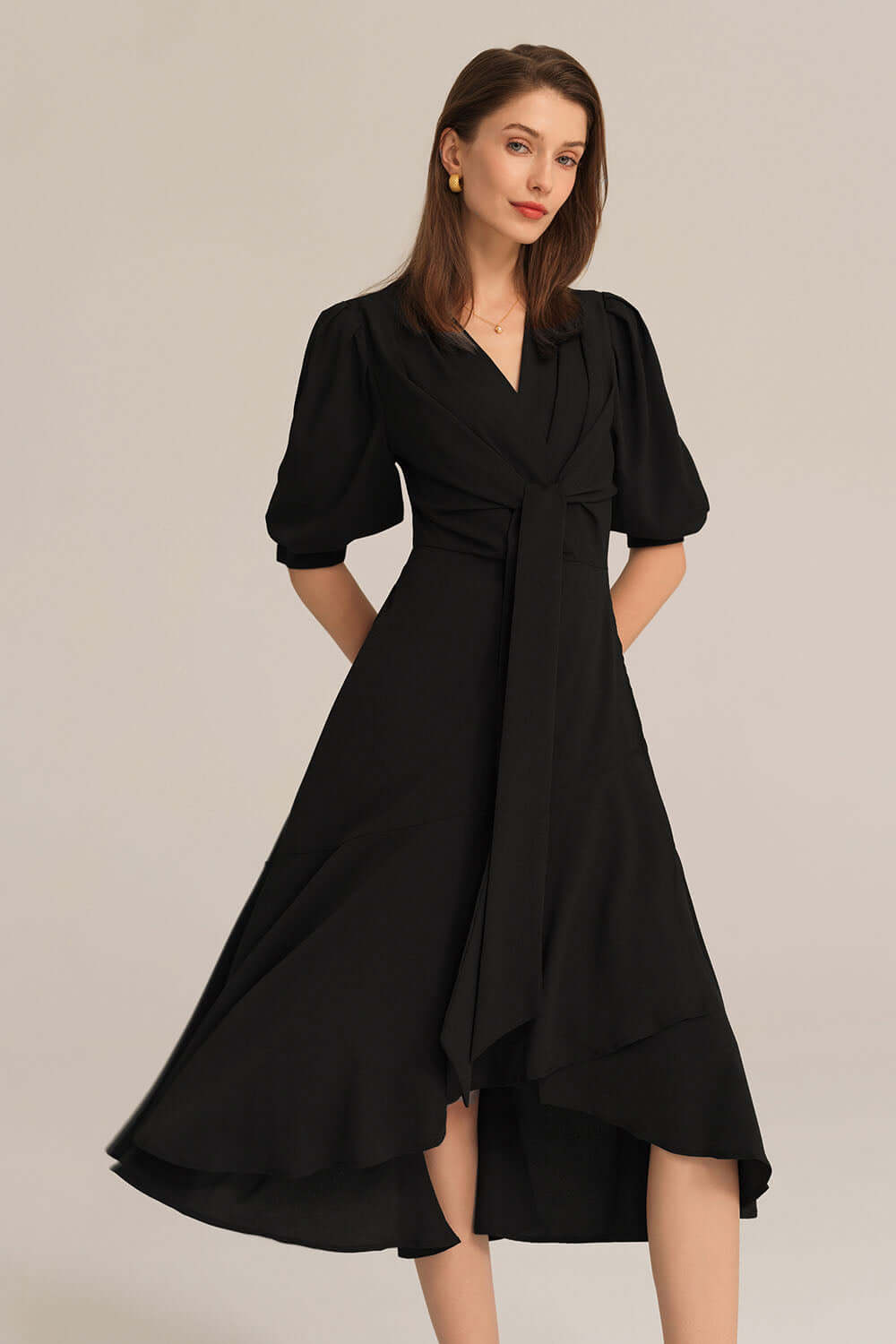 Bow-Knot Wrap Hem V-Neck 3/4 Sleeve Midi Dress - Black