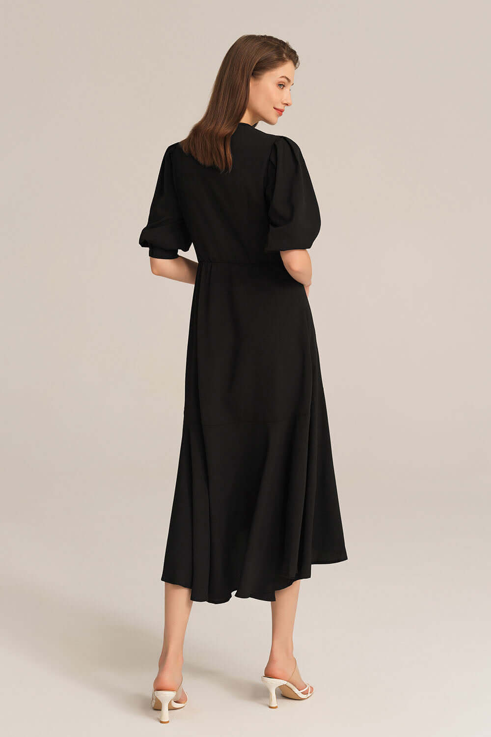 Bow-Knot Wrap Hem V-Neck 3/4 Sleeve Midi Dress - Black