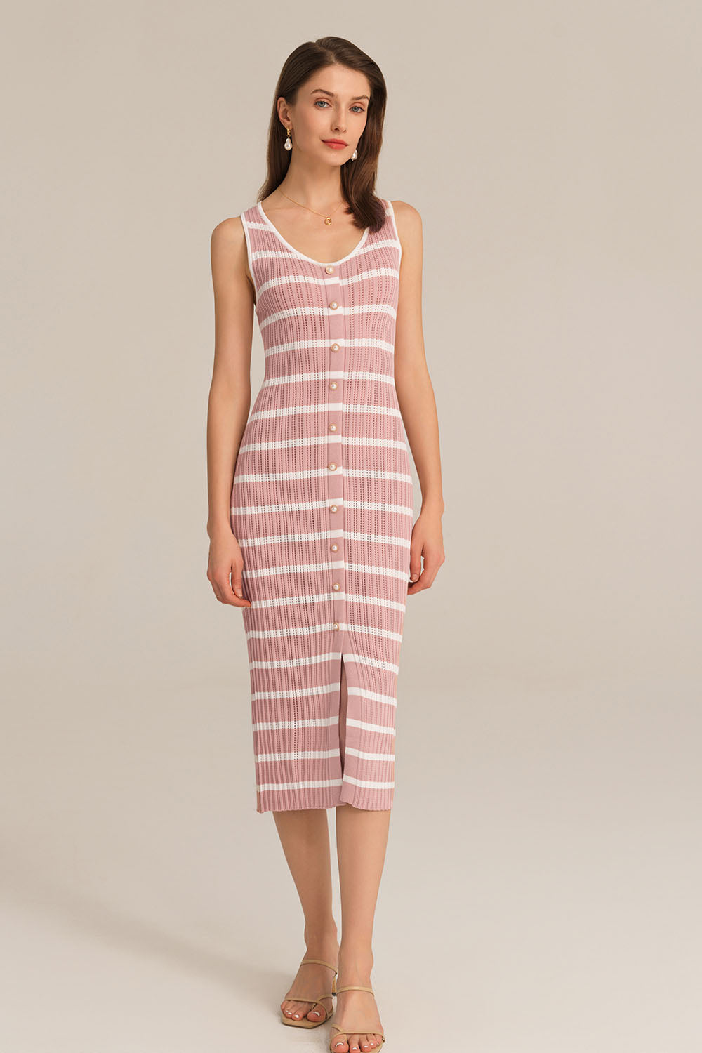 Hollowed-out Sleeveless U-Neck Front Slit Knitted Dress - Pink