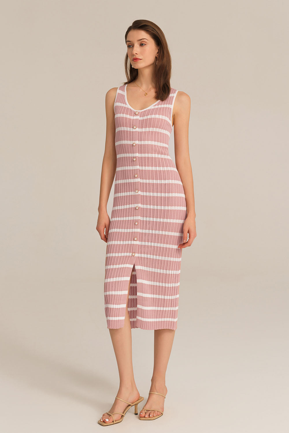 Hollowed-out Sleeveless U-Neck Front Slit Knitted Dress - Pink