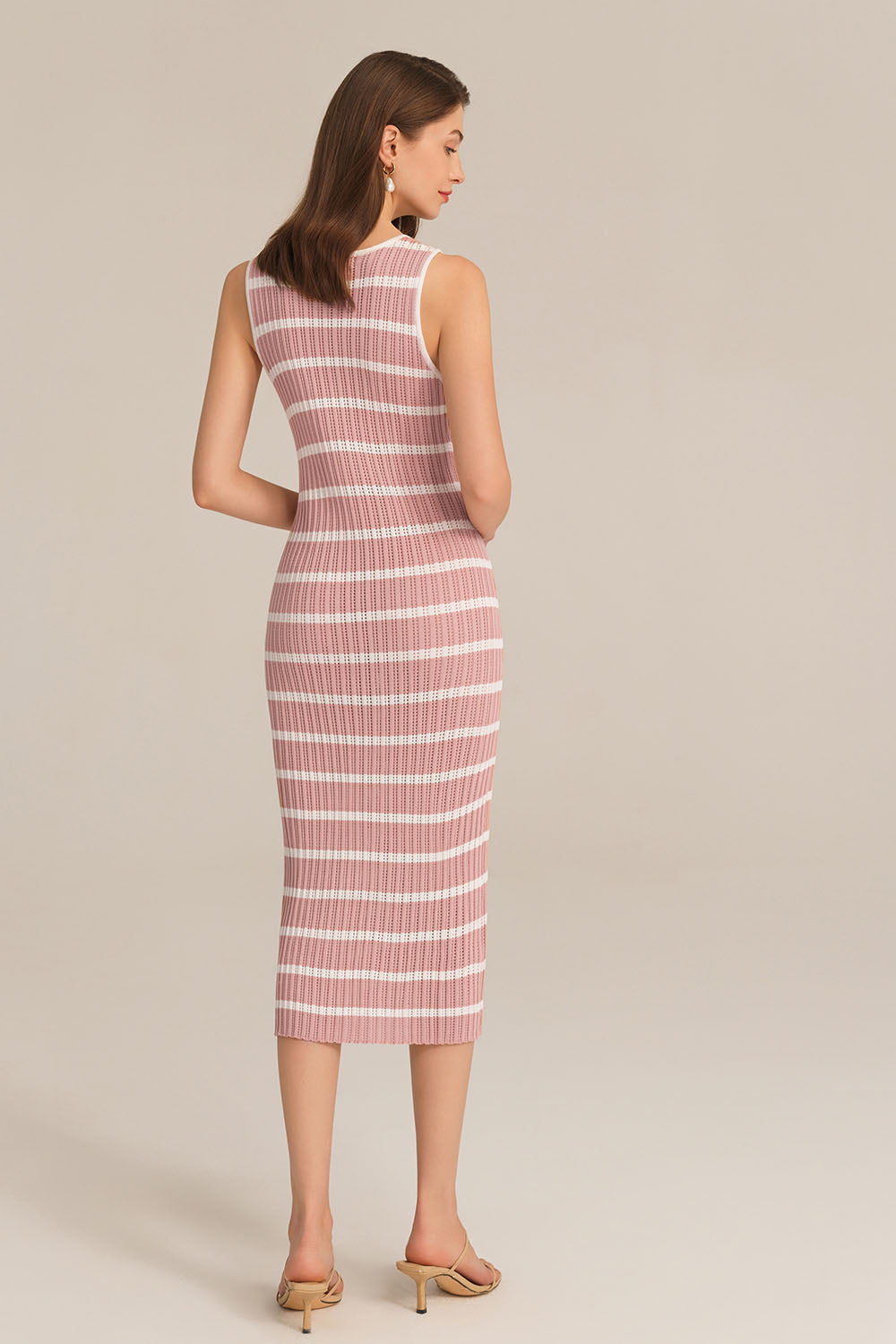 Hollowed-out Sleeveless U-Neck Front Slit Knitted Dress - Pink