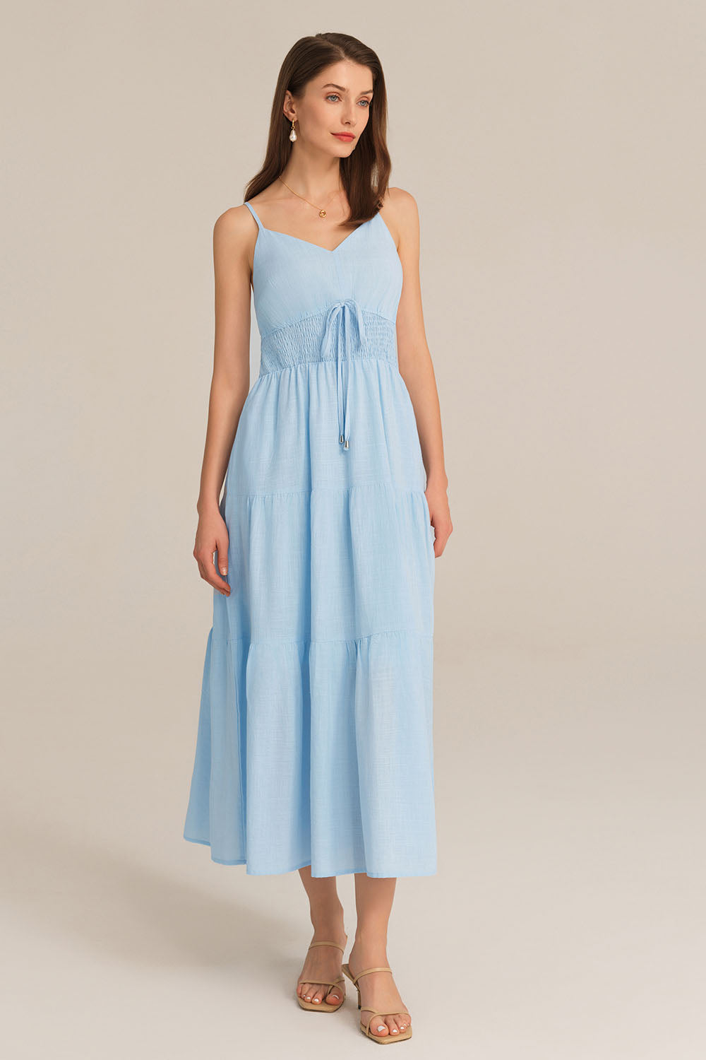 Spaghetti Straps V-Neck Cotton Elastic Waist A-Line Maxi Dress - Blue