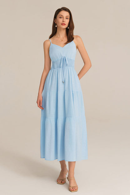 Spaghetti Straps V-Neck Cotton Elastic Waist A-Line Maxi Dress - Blue