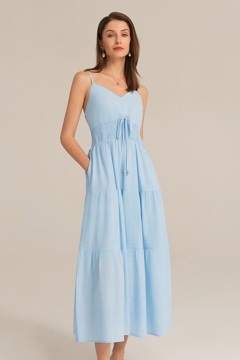 Spaghetti Straps V-Neck Cotton Elastic Waist A-Line Maxi Dress - Blue