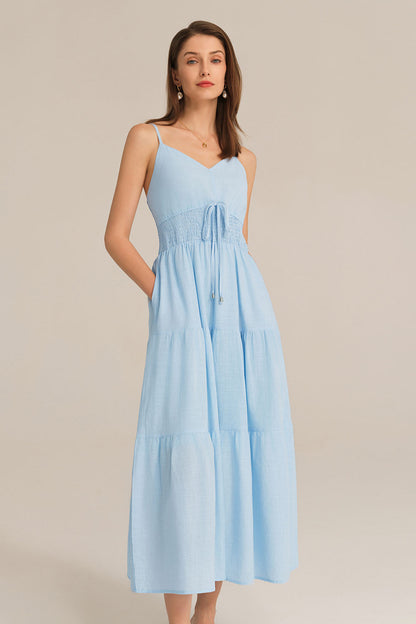 Spaghetti Straps V-Neck Cotton Elastic Waist A-Line Maxi Dress - Blue