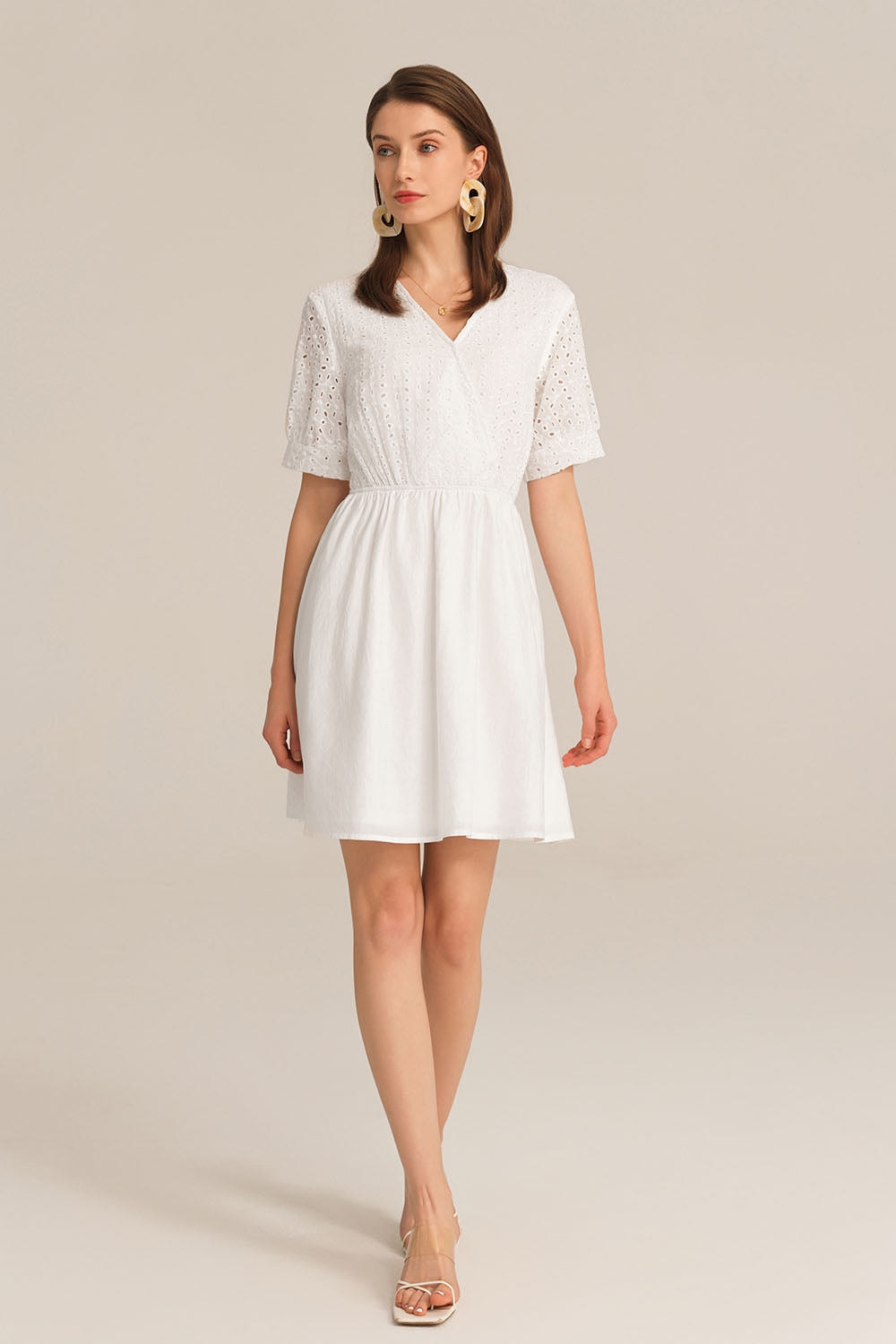 Contrast 1/2 Sleeve V-Neck Elastic Waist A-Line Dress - White