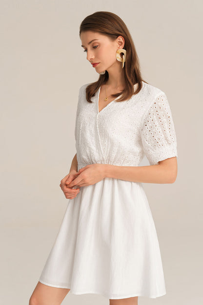 Contrast 1/2 Sleeve V-Neck Elastic Waist A-Line Dress - White