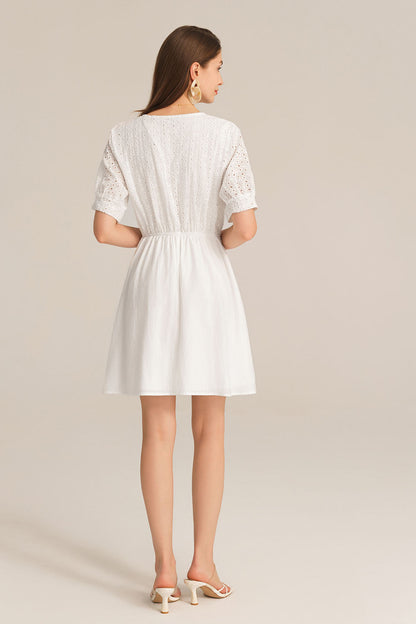 Contrast 1/2 Sleeve V-Neck Elastic Waist A-Line Dress - White