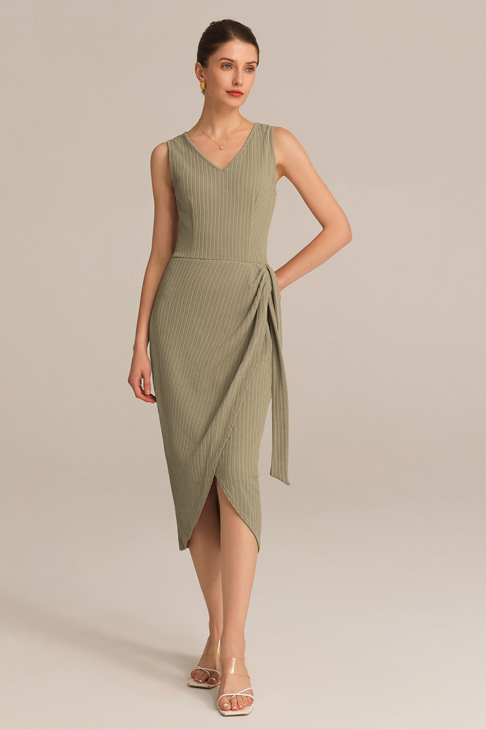 Casual V-Neck Sleeveless Wrap Hem Bodycon Dress - ArmyGreen