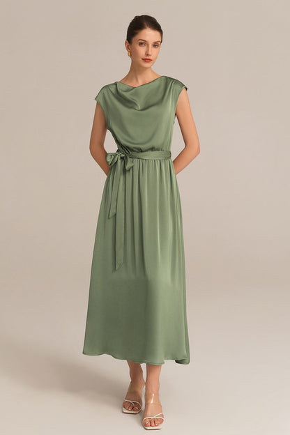 Side Slit Cap Sleeve Cowl Neck Elastic Waist A-Line Dress - Green