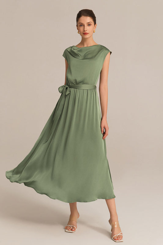 Side Slit Cap Sleeve Cowl Neck Elastic Waist A-Line Dress - Green