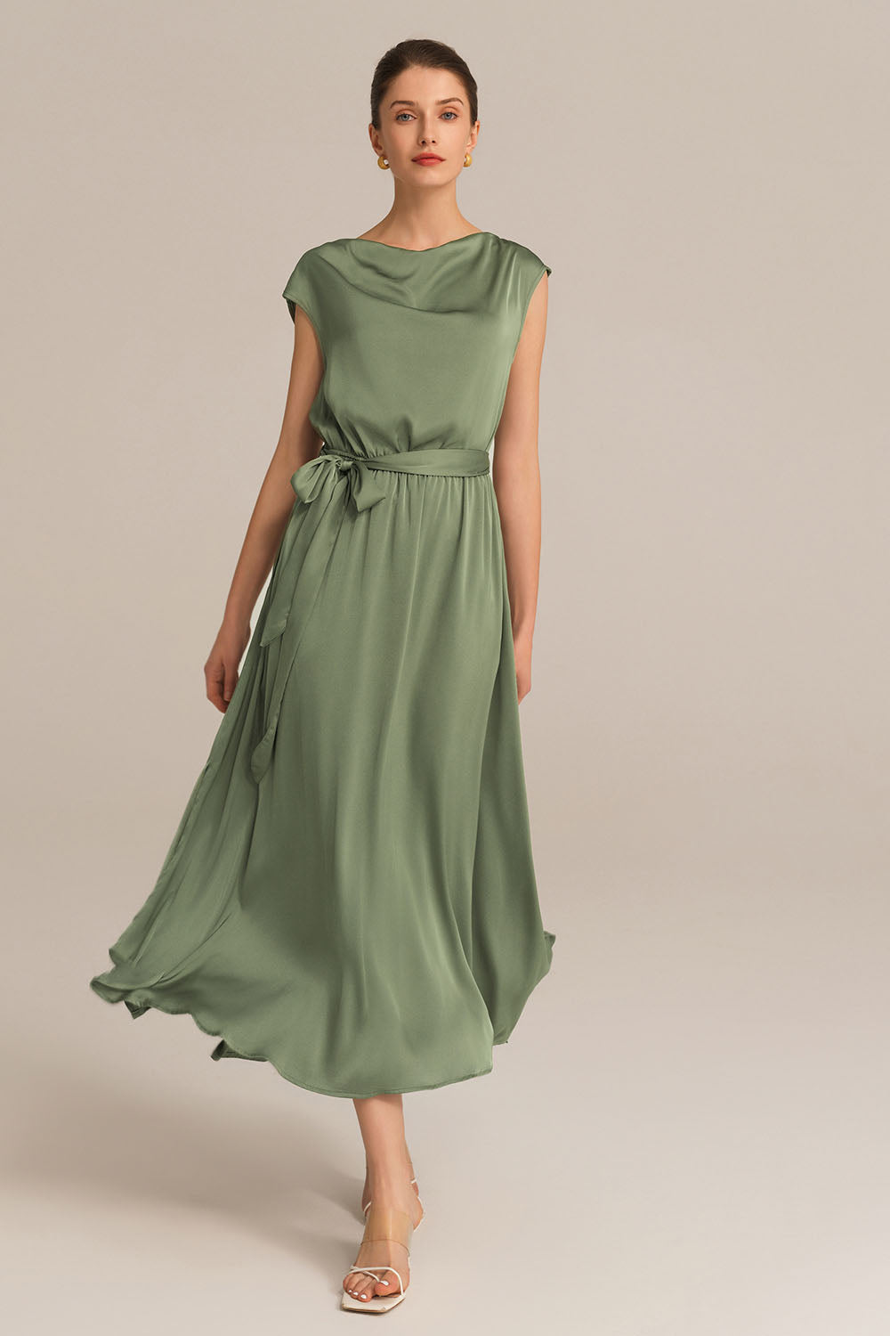 Side Slit Cap Sleeve Cowl Neck Elastic Waist A-Line Dress - Green