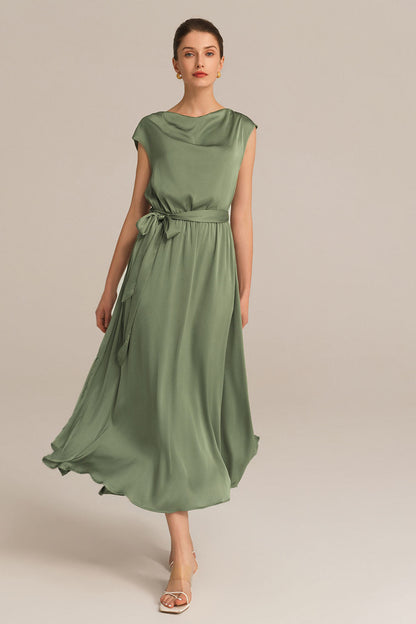 Side Slit Cap Sleeve Cowl Neck Elastic Waist A-Line Dress - Green