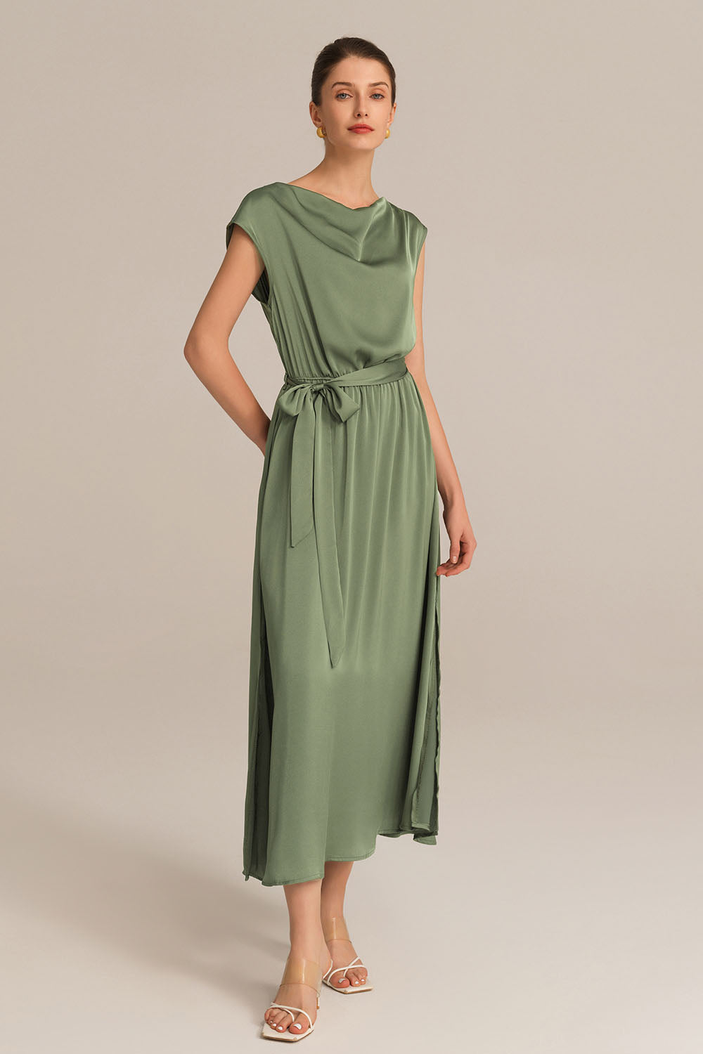 Side Slit Cap Sleeve Cowl Neck Elastic Waist A-Line Dress - Green