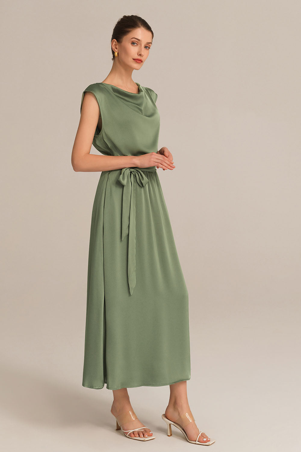 Side Slit Cap Sleeve Cowl Neck Elastic Waist A-Line Dress - Green