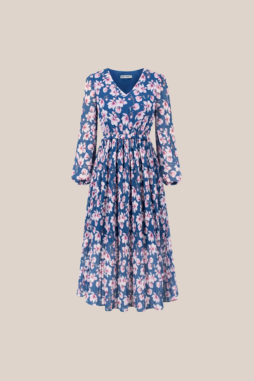 Elastic Waist Long Sleeve V-Neck Pleated Floral Midi Dress - Blue