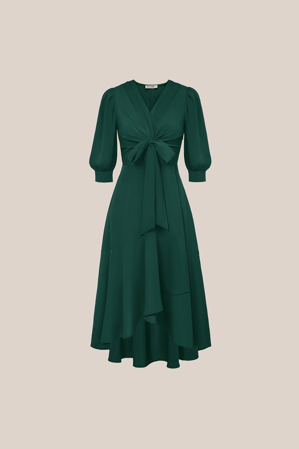 Bow-Knot Wrap Hem V-Neck 3/4 Sleeve Midi Dress - Green